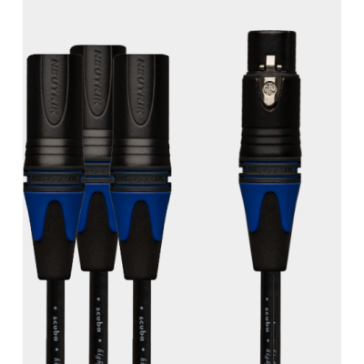 XLR 3 Way 0.5m Splitter Black Shell Gold Pin Neutrik Male and Female with Blue Boots